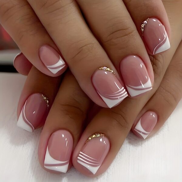 Pink & White French Tip Press-On Nails with Rhinestones | 24pc Medium Square