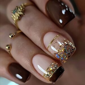 24pcs Glossy Medium Square Press-On Nails - Pink & Brown French Tip