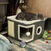 Foldable cat house cube with scratching post and top bed