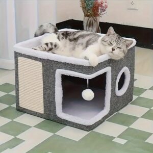 Foldable cat house cube with scratching post and top bed