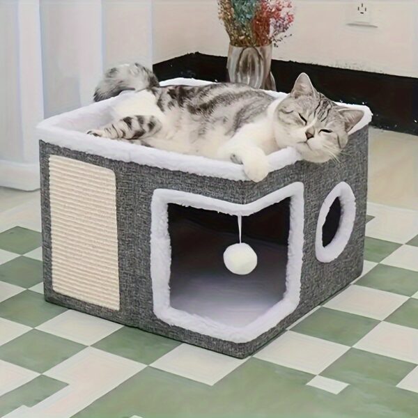 Foldable cat house cube with scratching post and top bed